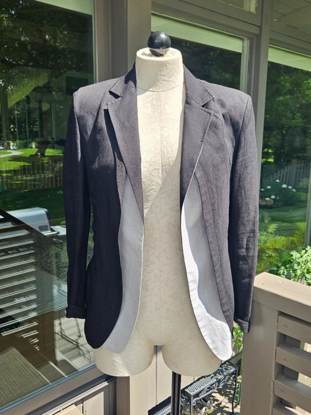 Y's by Yohji Yamamoto Black & Light Grey Linen Jacket, Size 2